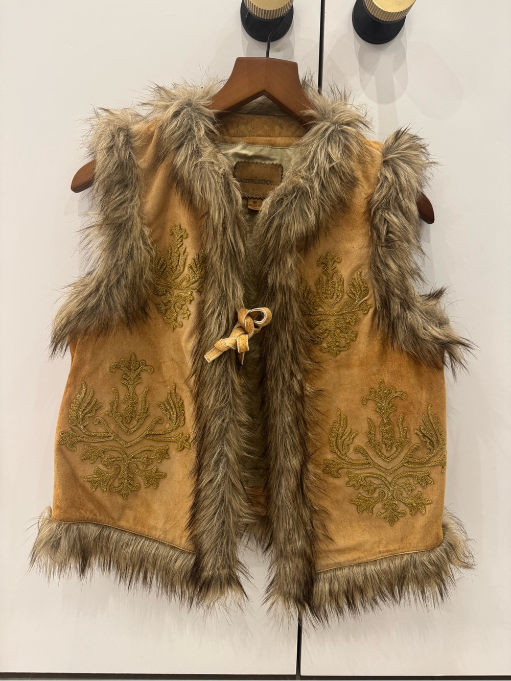 Sundance Faux Fur Trim Embroidered Suede Vest - Camel